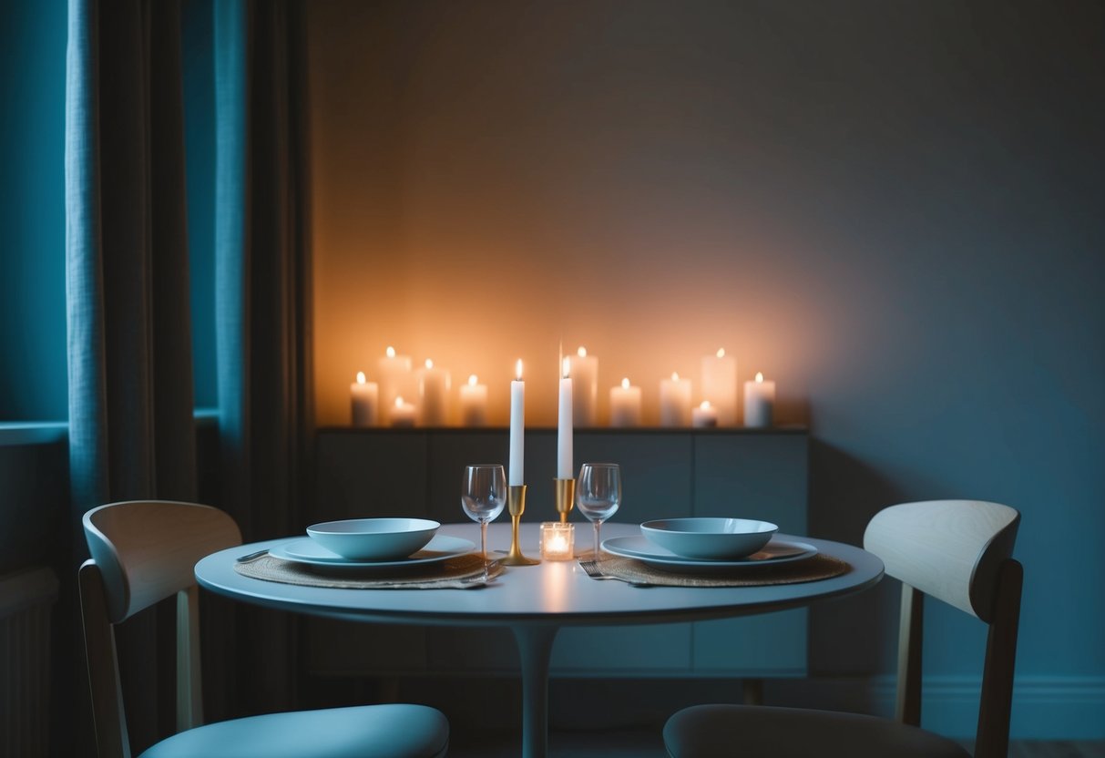A dimly lit room with a simple table set for two, surrounded by soft candlelight and minimal decor