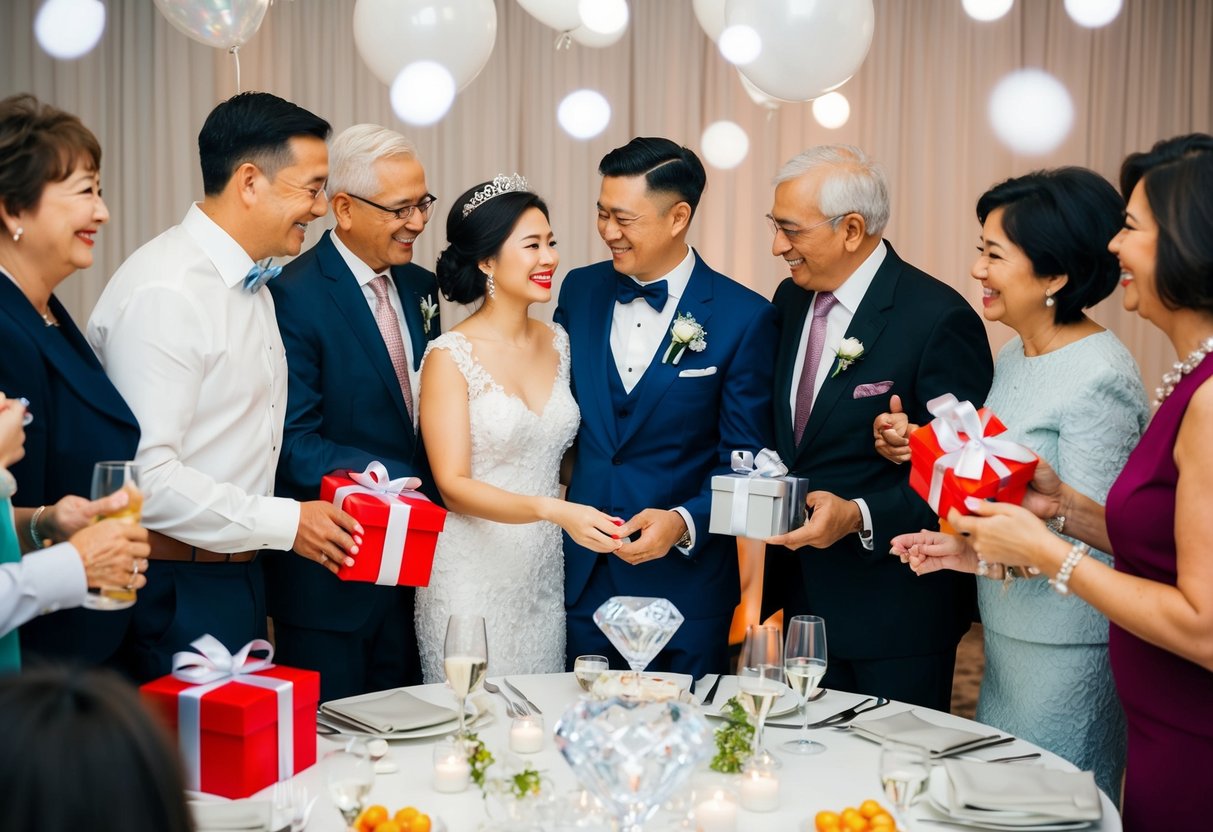 A diamond-themed anniversary party with a couple surrounded by family and friends, exchanging gifts and sharing memories