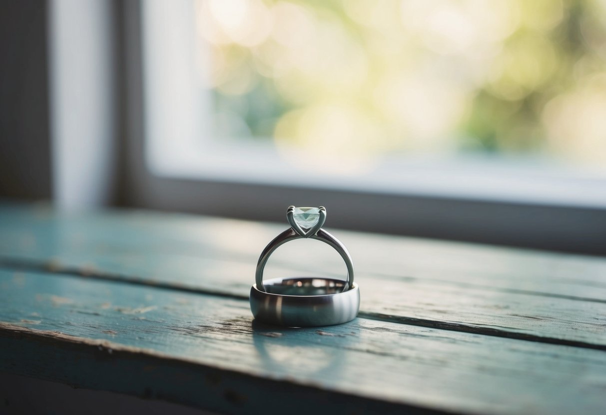 A simple wedding ring on a weathered wooden table, bathed in soft, natural light filtering through a window