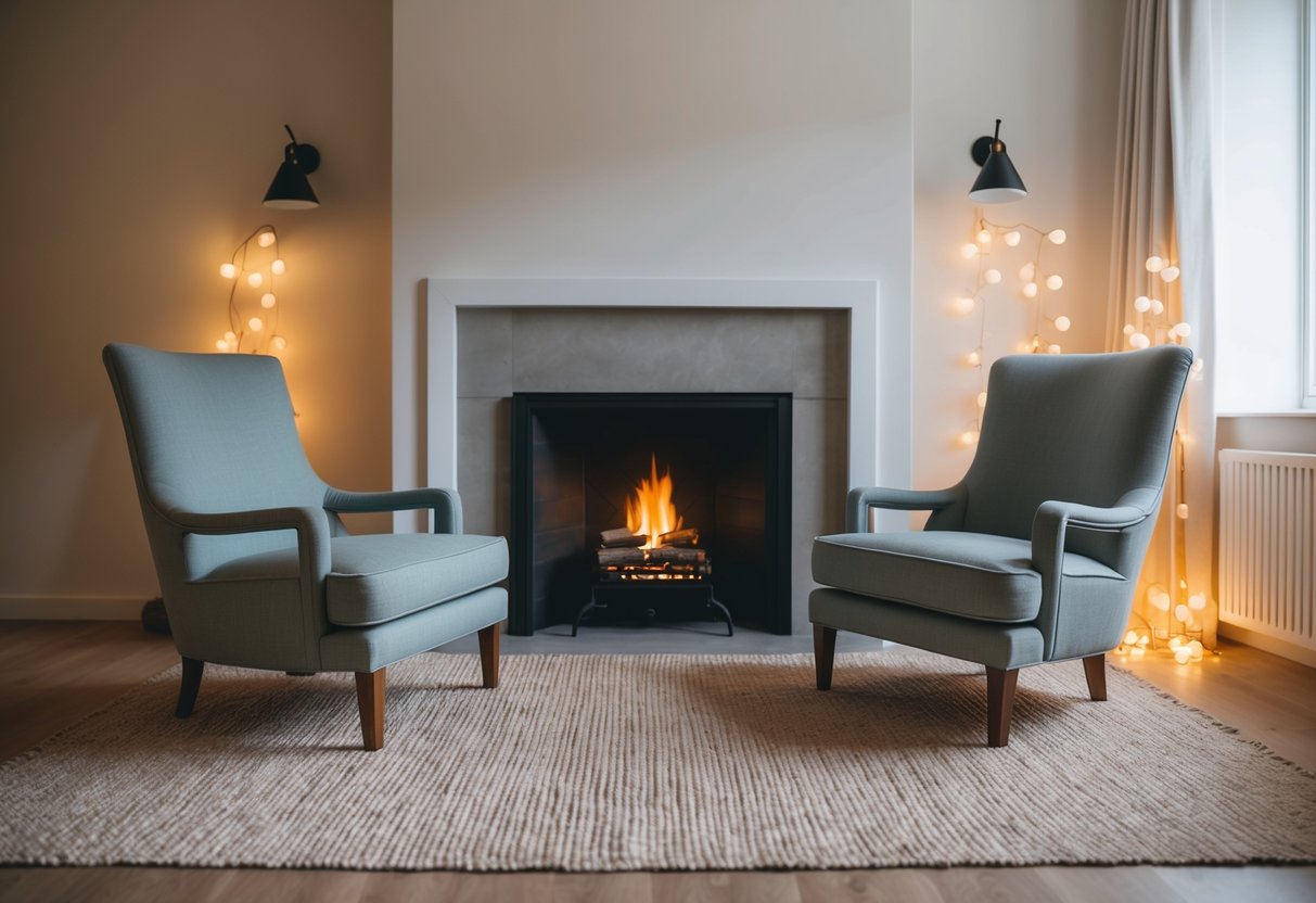 A cozy living room with two empty chairs facing a warm fireplace, surrounded by soft lighting and minimal decor