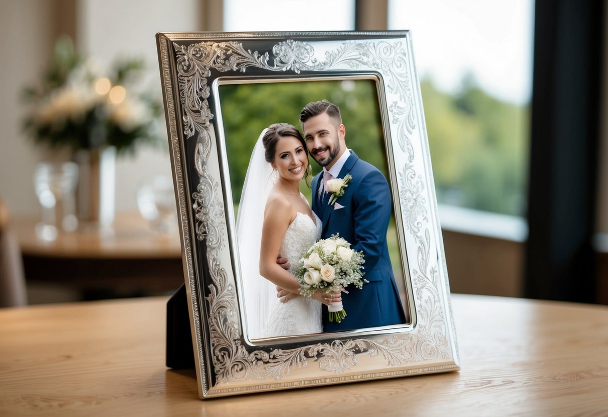 A beautifully engraved silver photo frame holding a cherished wedding picture