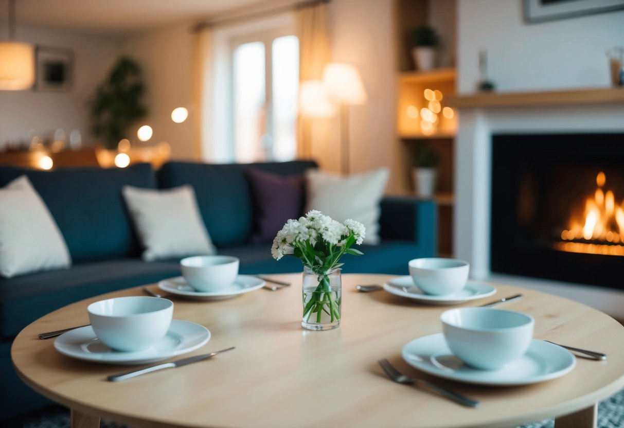 A cozy living room with soft lighting, a simple table set for two, and a warm fireplace in the background