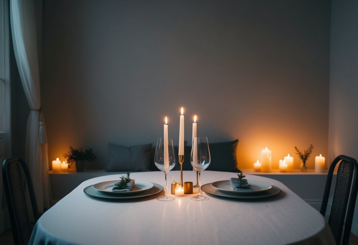 A dimly lit room with a simple, intimate table setting for two, surrounded by soft candlelight and minimal decor