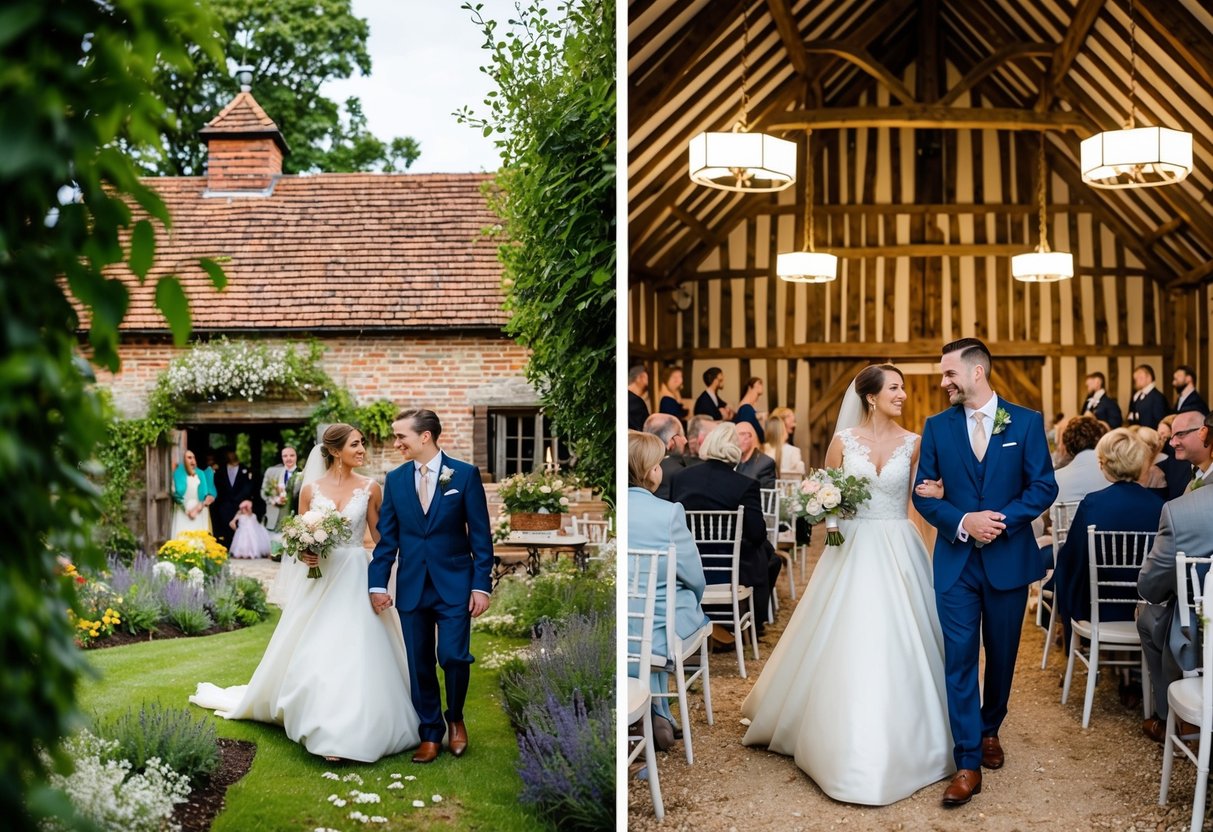 A small wedding takes place in a cozy garden, while a medium wedding is held in a charming barn with ample space for guests