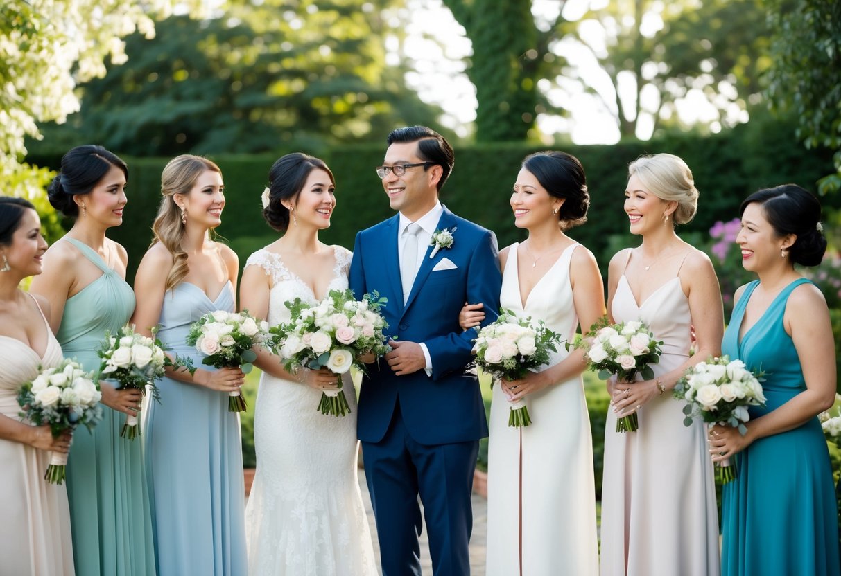 A group of women in elegant dresses stand beside the couple, holding bouquets and smiling as they renew their vows in a beautiful garden setting