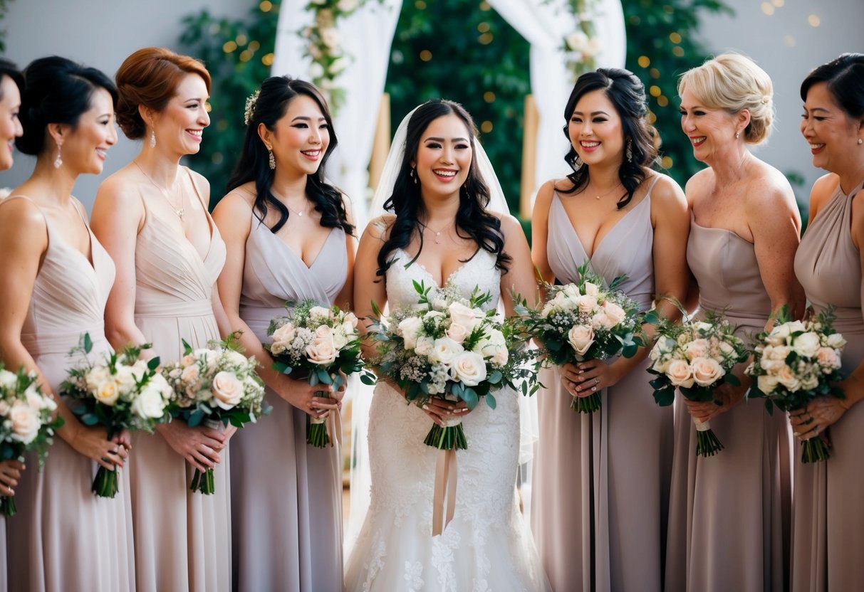 A bride and her attendants stand in a circle, holding bouquets and smiling as they participate in a vow renewal ceremony