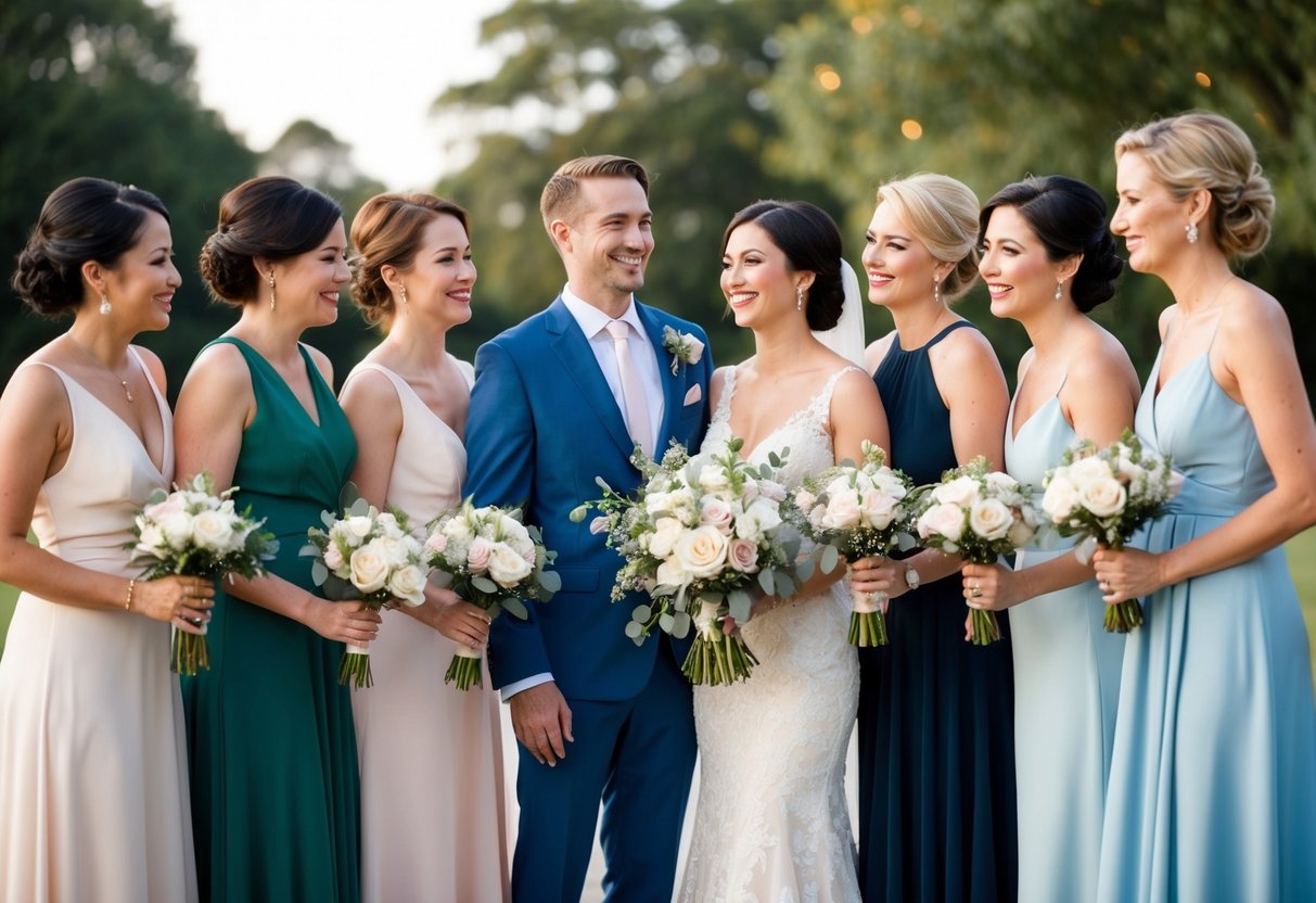 A group of elegantly dressed women stand beside the couple, holding bouquets and smiling as they celebrate the vow renewal
