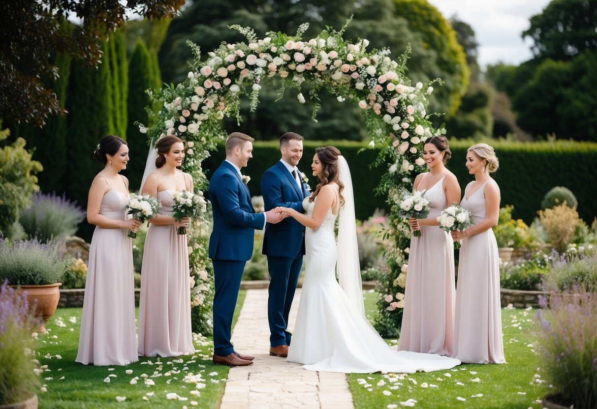 A picturesque garden setting with a floral arch and scattered petals, where bridesmaids stand beside the couple renewing their vows