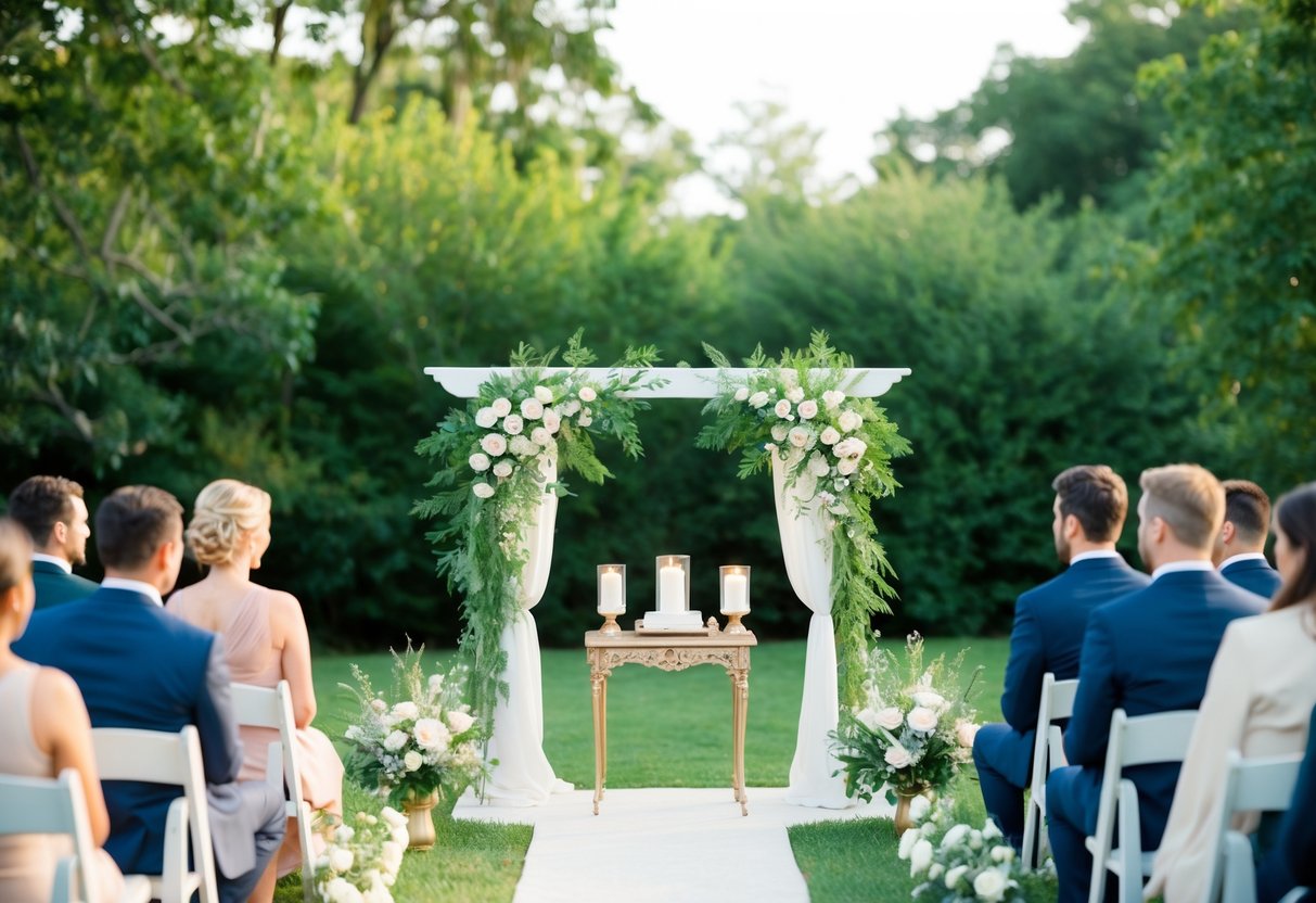 A serene outdoor setting with a small, beautifully decorated altar, surrounded by lush greenery and flowers, with a few intimate guests seated nearby