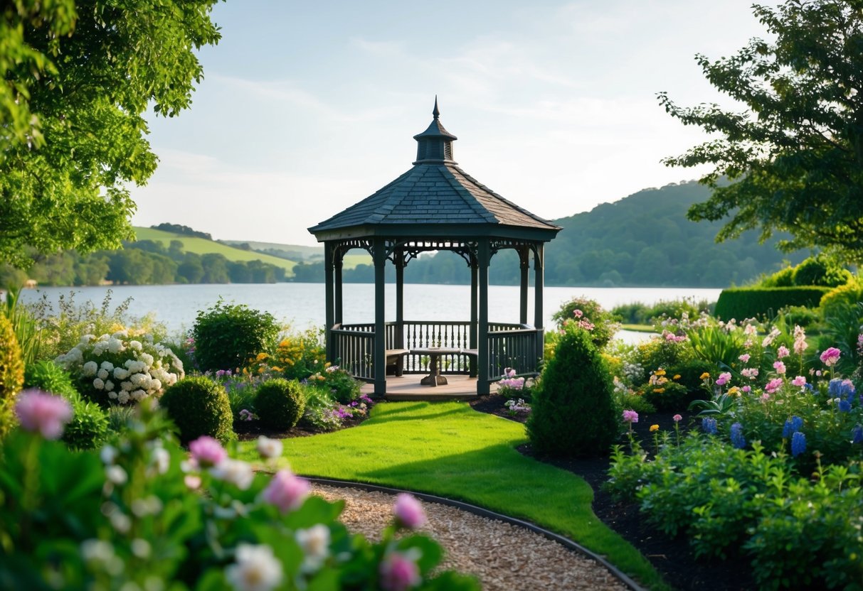 A secluded garden with a charming gazebo nestled among blooming flowers and lush greenery, surrounded by a serene lake and rolling hills in the distance