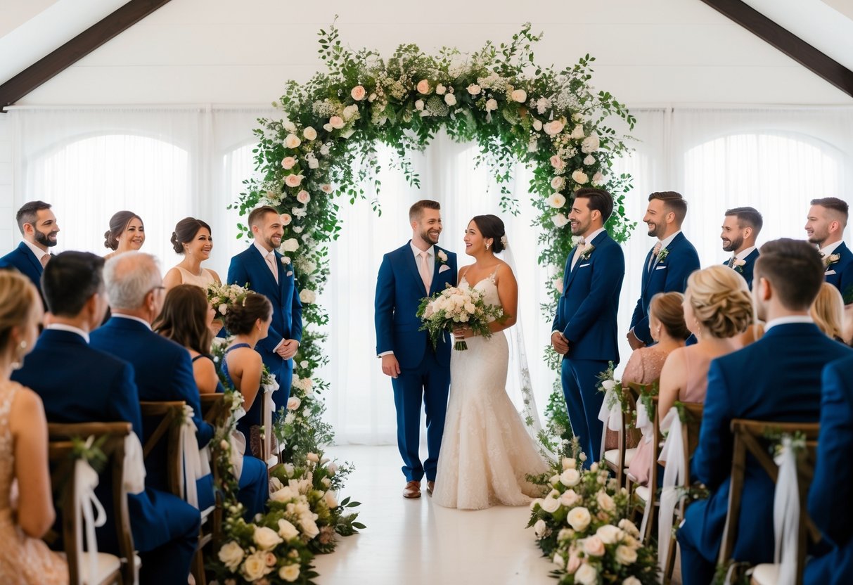A small, intimate wedding ceremony with personalized decorations and joyful celebration