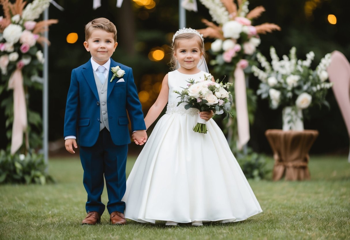 A little bride in a white dress holding a bouquet, standing next to a groom in a suit, with flowers and decorations in the background