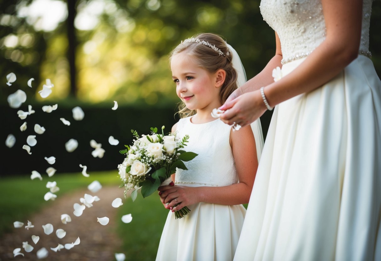 A young girl in a white dress stands beside the bride, holding a bouquet and scattering flower petals