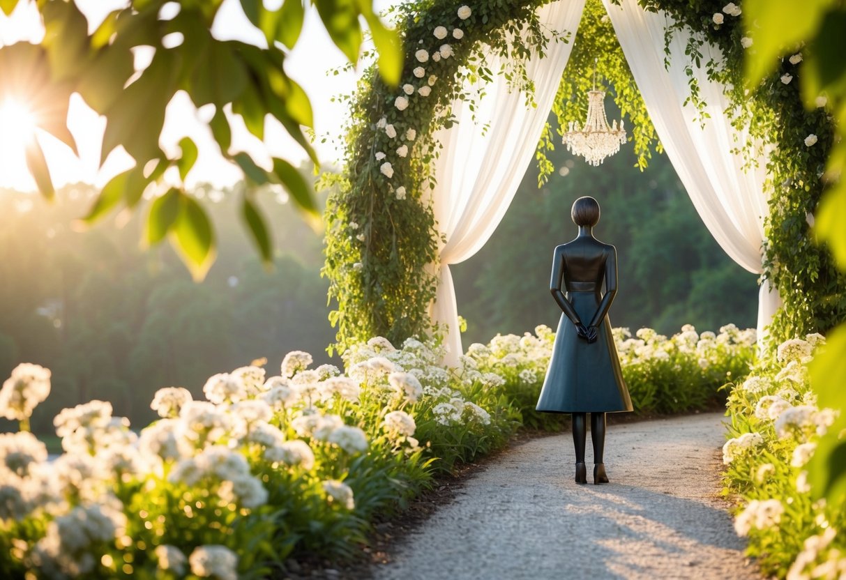 A figure stands beside a flower-lined path, leading to an archway adorned with delicate fabric and greenery. Sunlight filters through the leaves, casting a warm glow on the scene