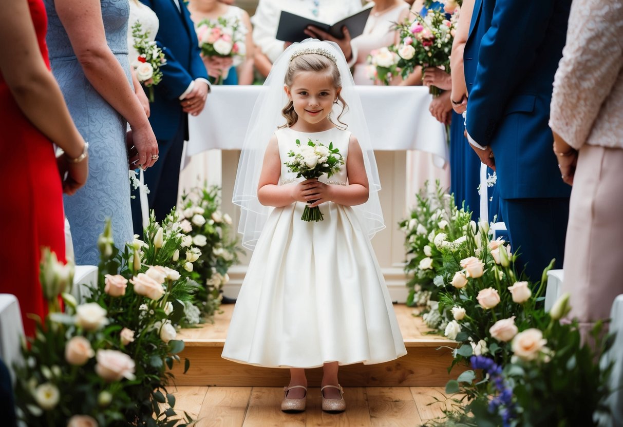 A little bride in a white dress stands at the altar, holding a small bouquet, surrounded by flowers and smiling guests