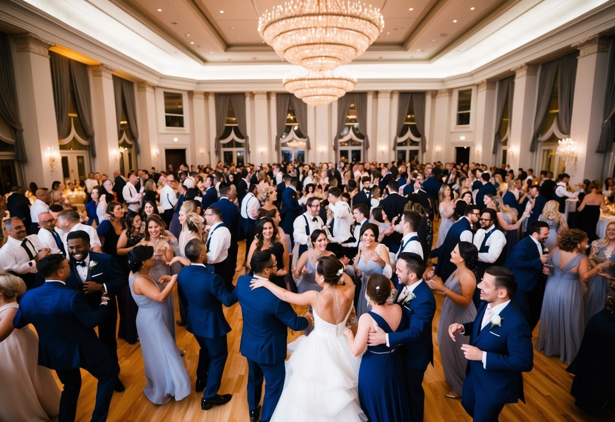 A large, bustling wedding reception with 150 guests celebrating, dancing, and enjoying the festivities in a grand ballroom