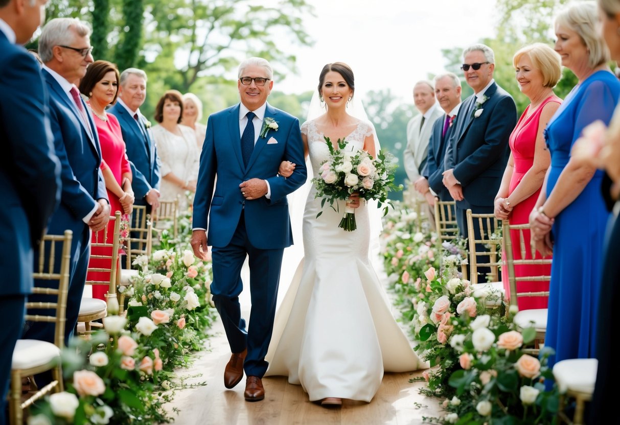 A bride and her father walk down a flower-lined aisle at a vow renewal ceremony, surrounded by family and friends