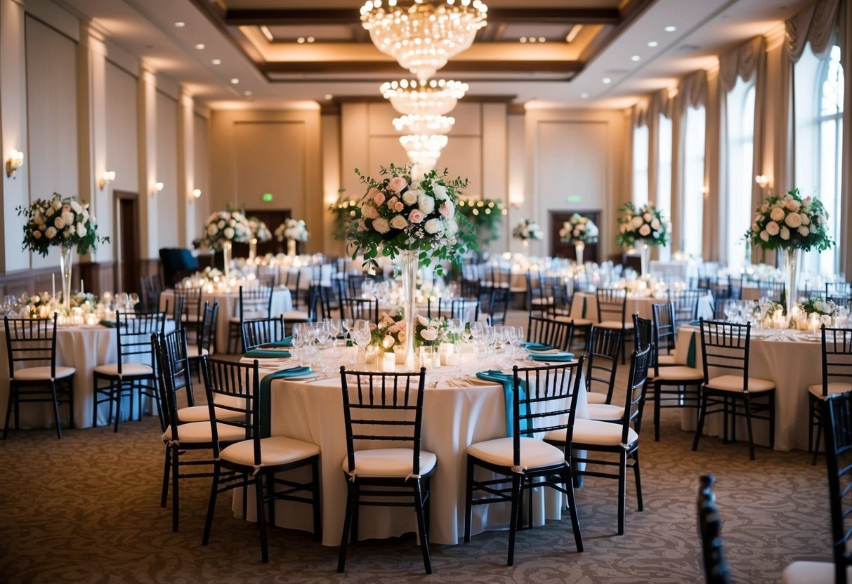 A grand banquet hall filled with elegantly set tables and chairs, adorned with beautiful floral centerpieces and twinkling lights, ready to accommodate 150 wedding guests