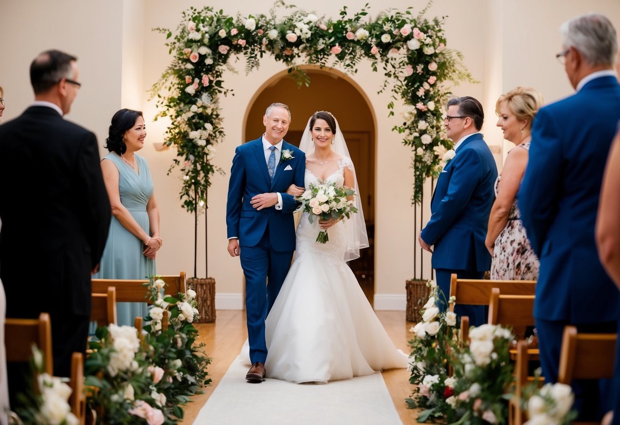 A bride walks down the aisle, accompanied by a figure on her left. The setting is a vow renewal ceremony, with flowers and decorations
