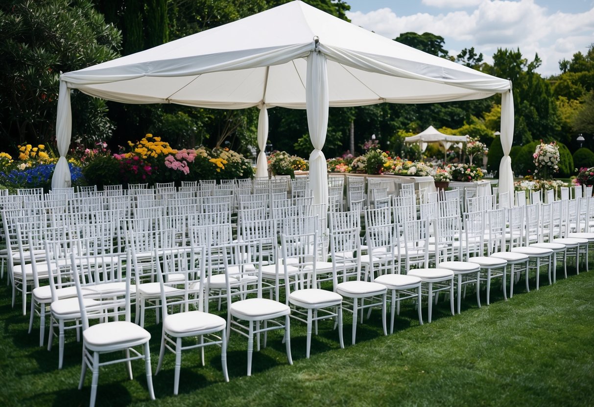 A crowded wedding venue with 150 empty chairs arranged in neat rows under a white canopy, surrounded by lush greenery and colorful flowers