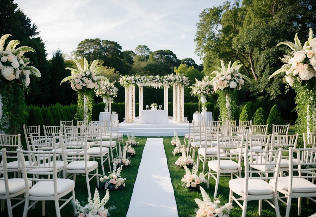 A grand outdoor wedding venue with rows of chairs and a decorated altar, surrounded by lush greenery and floral arrangements, accommodating 150 guests