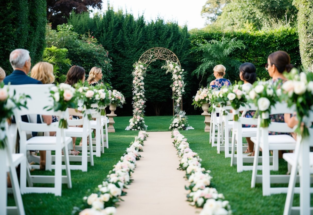 A lush garden with a flower-lined aisle and a decorative arch for a vow renewal ceremony