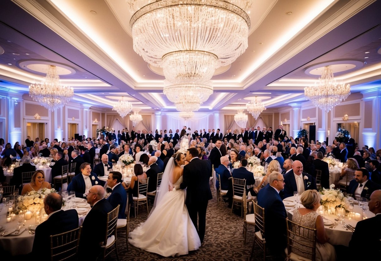 A grand wedding venue filled with 150 guests celebrating under twinkling lights and elegant decor