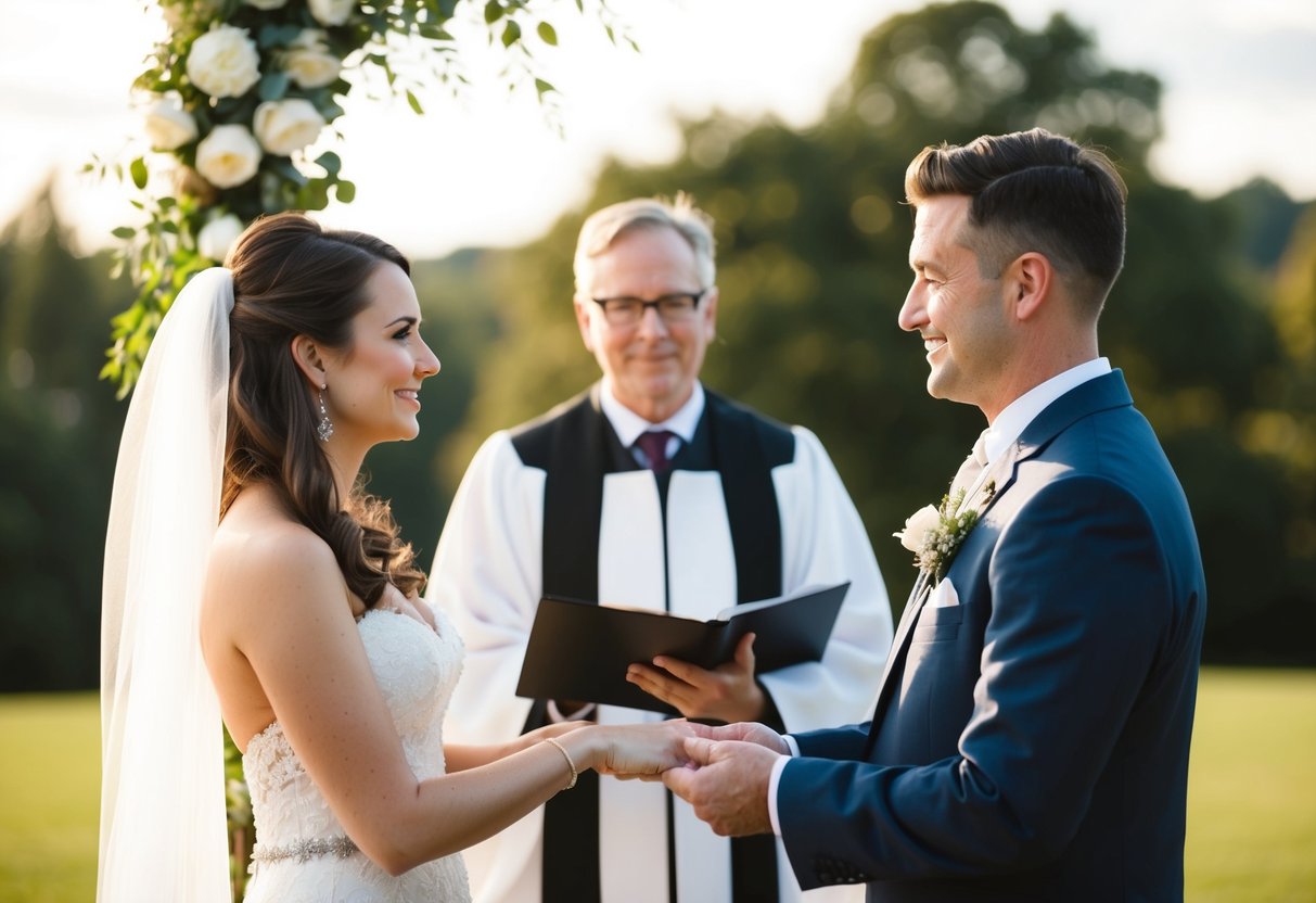 A couple stands before an officiant, exchanging vows. The officiant omits the word "obey" from the traditional wedding vows