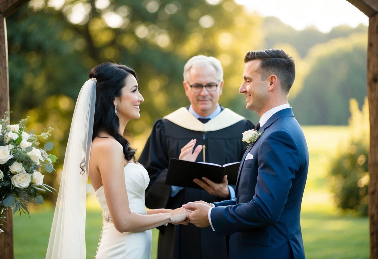 A couple stands before an officiant, exchanging vows. The word "obey" is noticeably absent from the ceremony