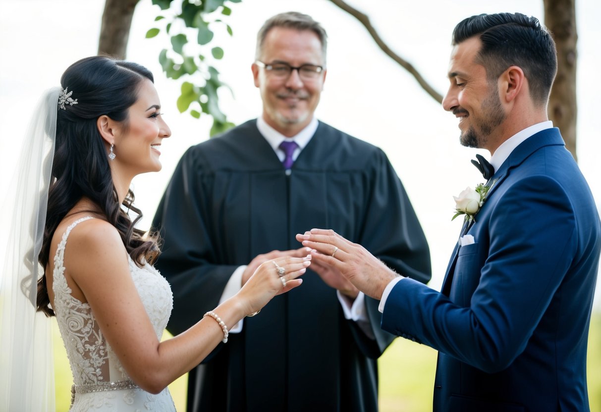 A couple stands before an officiant, exchanging rings and vows. The word "obey" is noticeably absent from the traditional wedding vows