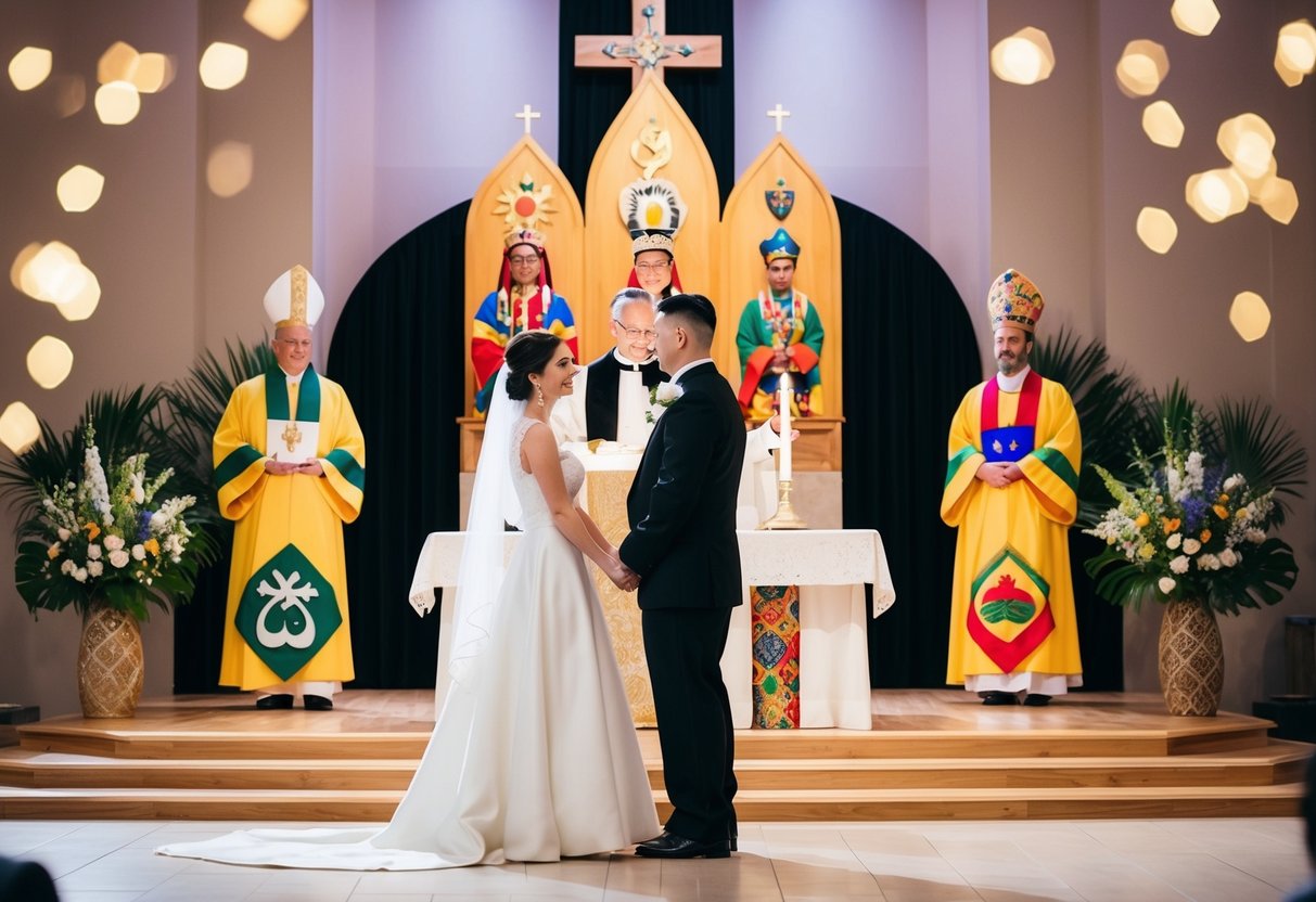 A couple standing at an altar with a priest or officiant, surrounded by cultural symbols and elements representing different regions