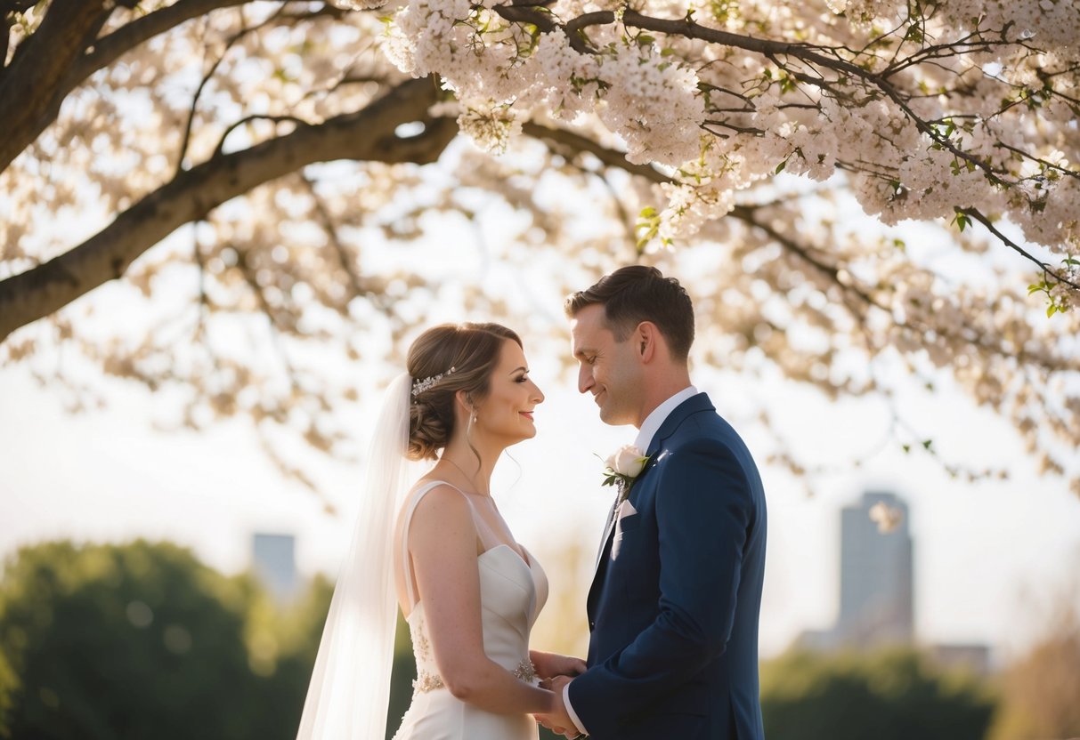 A couple standing face to face under a blooming tree, surrounded by soft sunlight and gentle breeze, exchanging emotional wedding vows