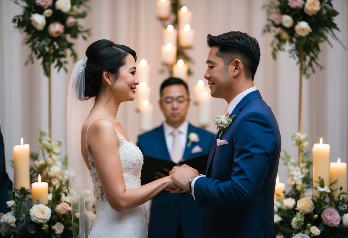 A couple standing face to face, surrounded by flowers and candles, exchanging emotional wedding vows with tears in their eyes