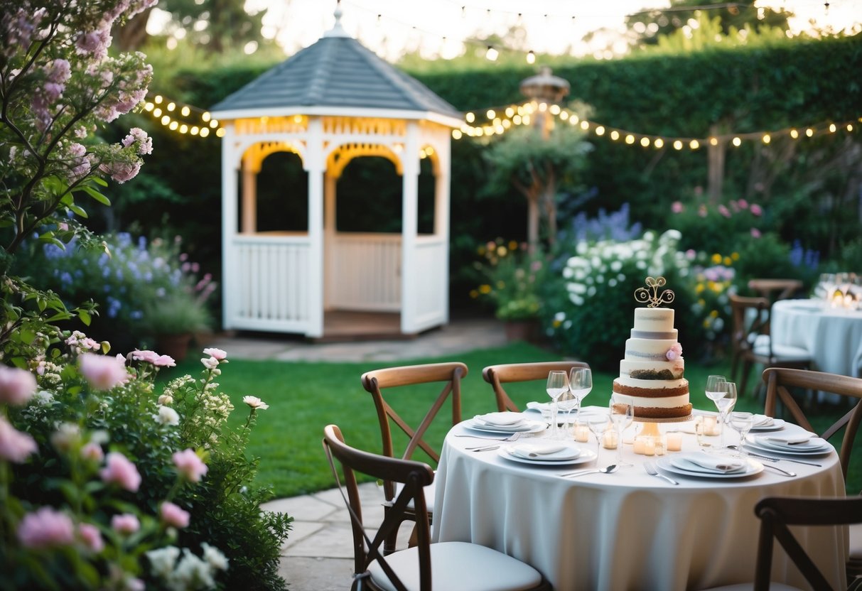 A cozy garden with a small gazebo, surrounded by blooming flowers and twinkling fairy lights. A table set for an intimate dinner, with elegant place settings and a tiered wedding cake