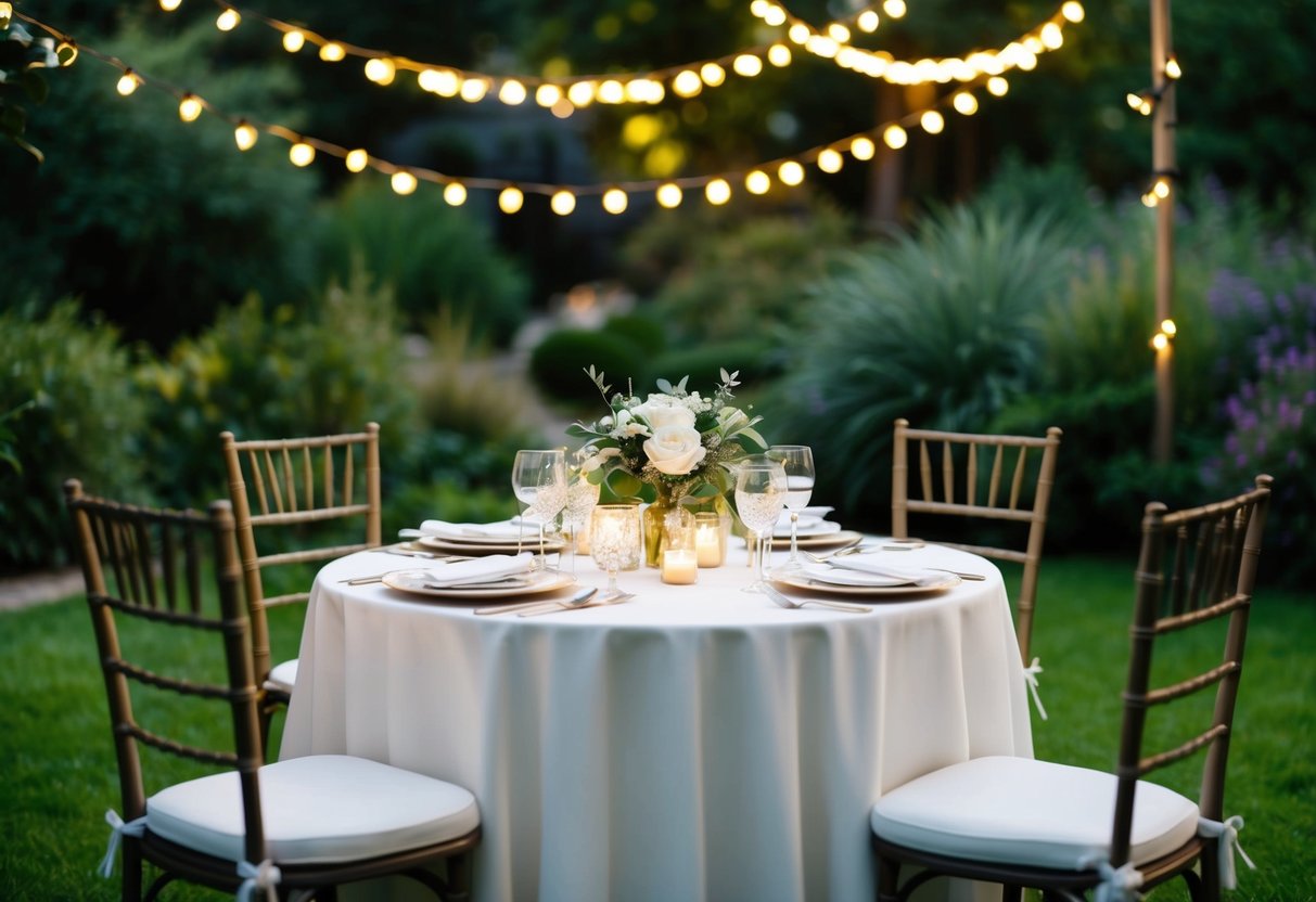A cozy garden setting with a small, elegantly decorated table for an intimate wedding dinner, surrounded by twinkling fairy lights and lush greenery