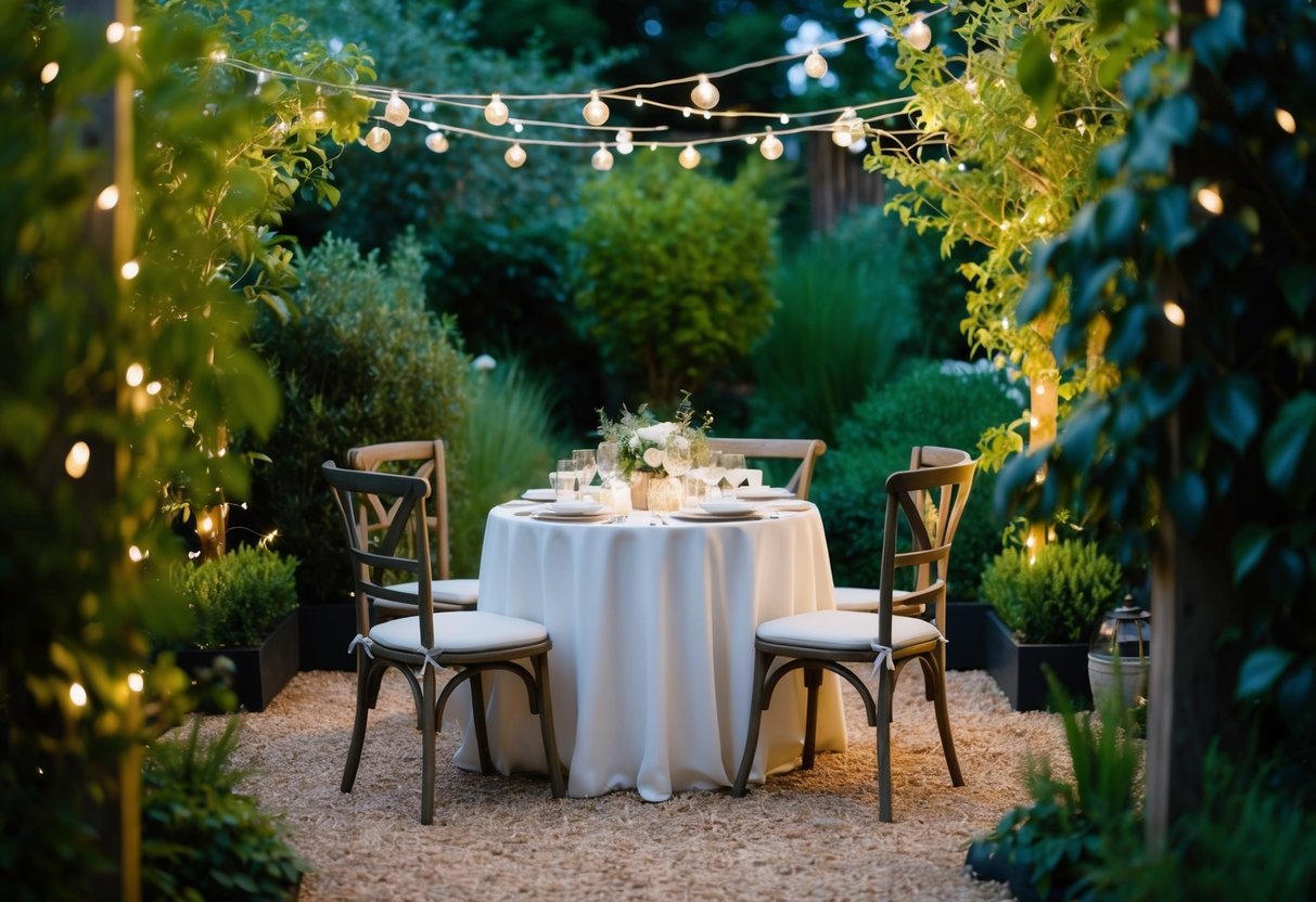 A cozy, rustic UK garden setting with a small, elegantly decorated table for an intimate wedding reception, surrounded by lush greenery and fairy lights
