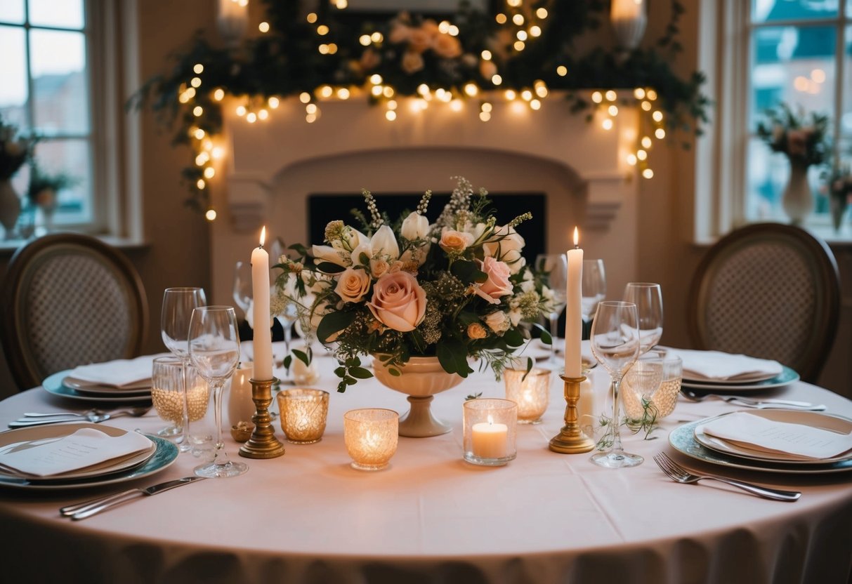 A cozy, intimate setting with elegant table decorations, floral arrangements, and twinkling lights, creating a warm and inviting atmosphere for a micro wedding in the UK
