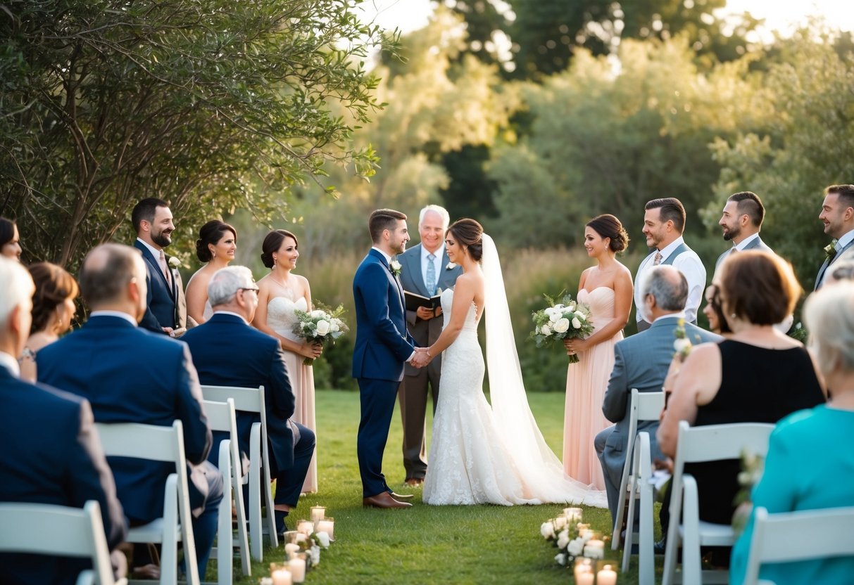 A small, intimate wedding ceremony with a few close friends and family members gathered in a beautiful outdoor setting, surrounded by nature and soft, warm lighting