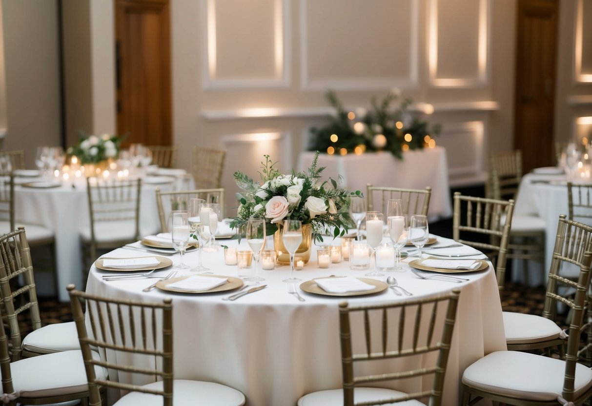 A small, elegant wedding reception with a beautifully set table, soft lighting, and a tasteful floral centerpiece