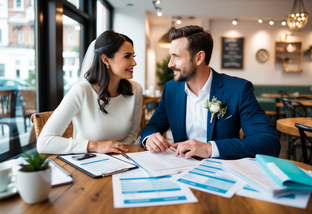 A couple discussing wedding plans at a cozy café, surrounded by budgeting spreadsheets and venue brochures