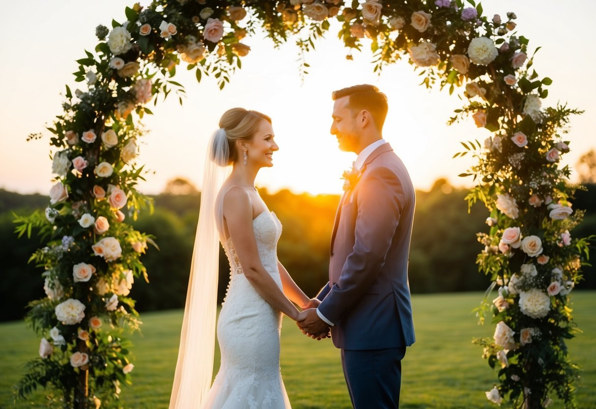 A bride and groom stand facing each other under a floral arch. The sun sets behind them, casting a warm glow over the scene