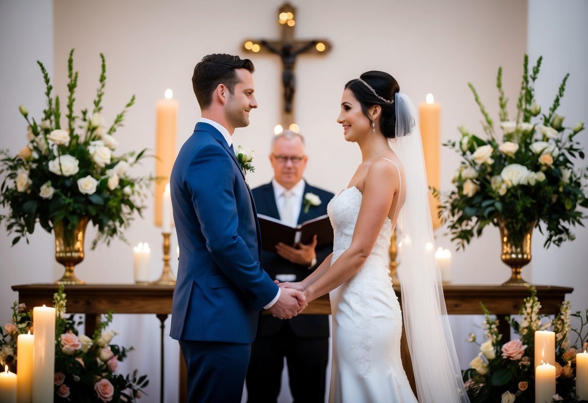 A bride and groom stand facing each other at the altar, surrounded by flowers and candles. They hold hands and gaze into each other's eyes as they exchange wedding vows