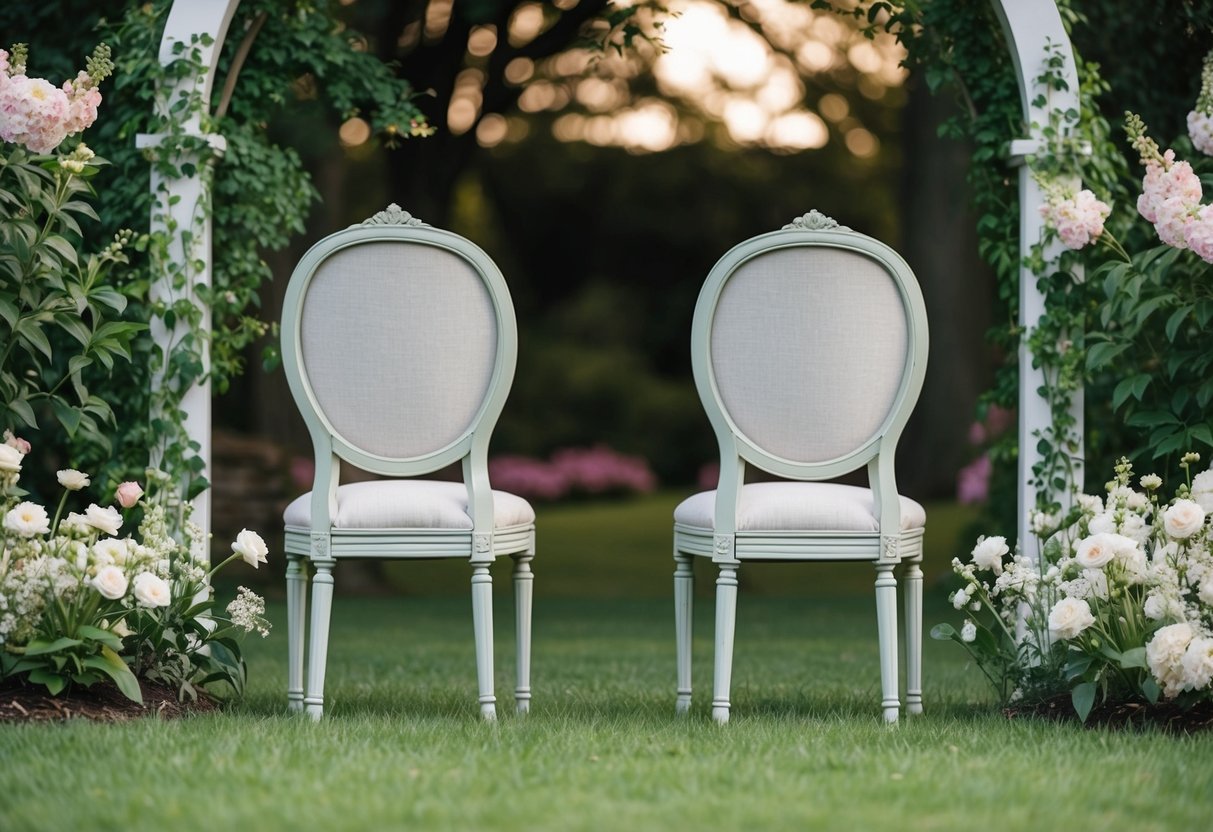 A serene outdoor setting with two ornate chairs facing each other, surrounded by blooming flowers and lush greenery, under a romantic archway