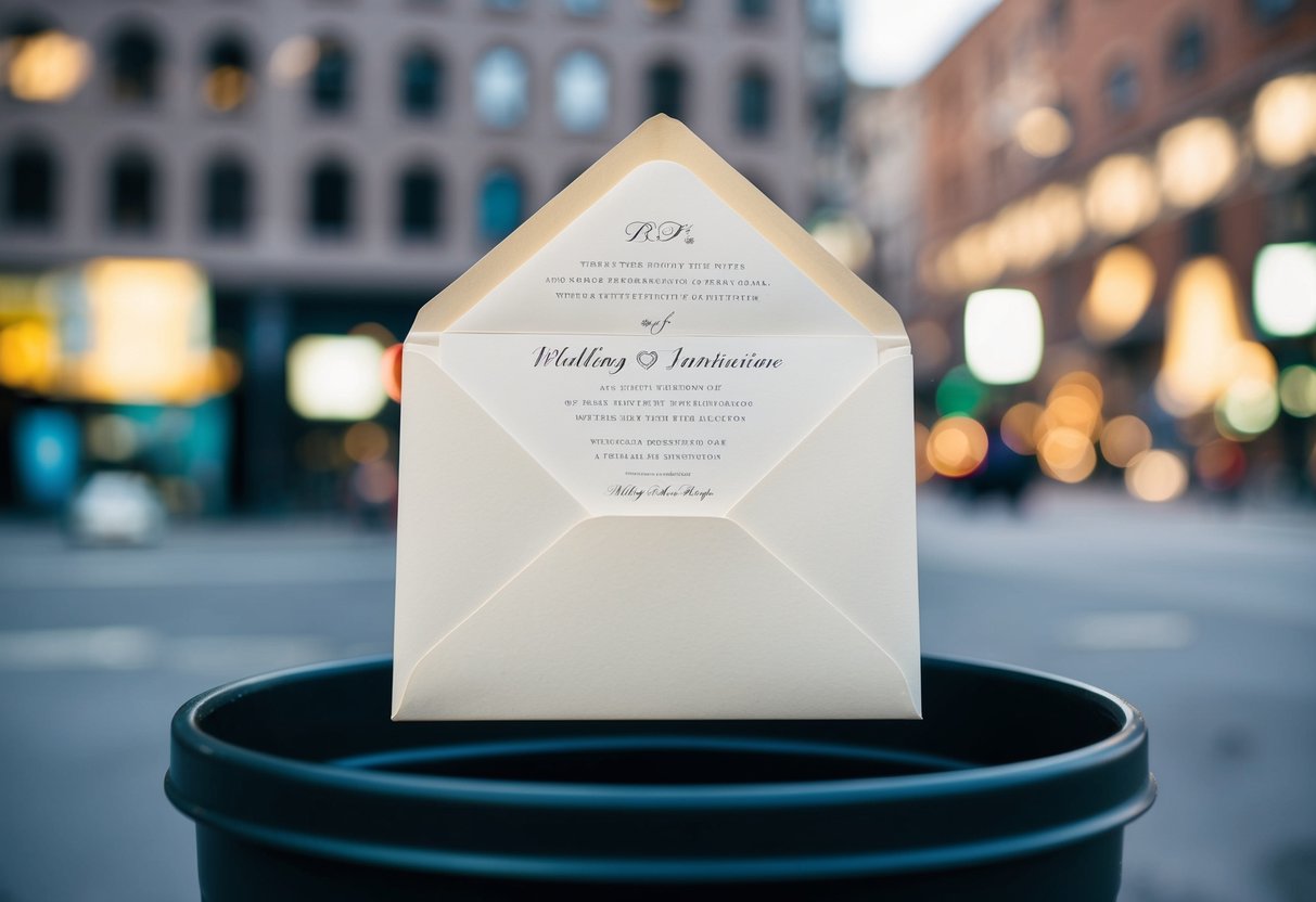 An empty wedding invitation envelope floating in a trash can
