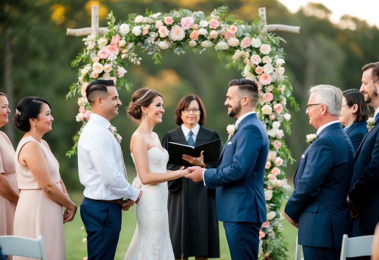 A couple standing under a floral arch with an officiant and witnesses