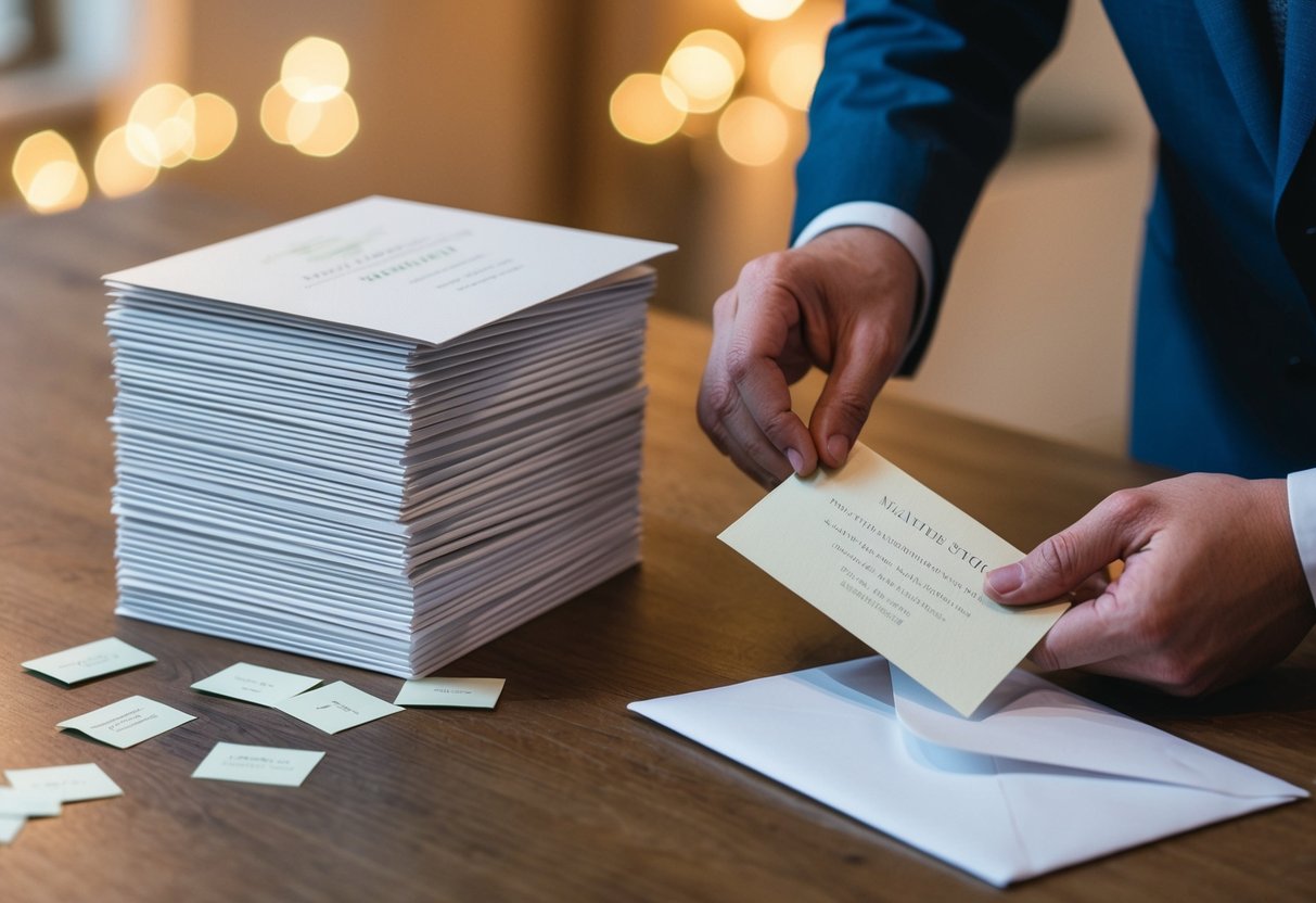 A stack of wedding invitations, with a few being carefully set aside, while others are being placed into an envelope and sealed