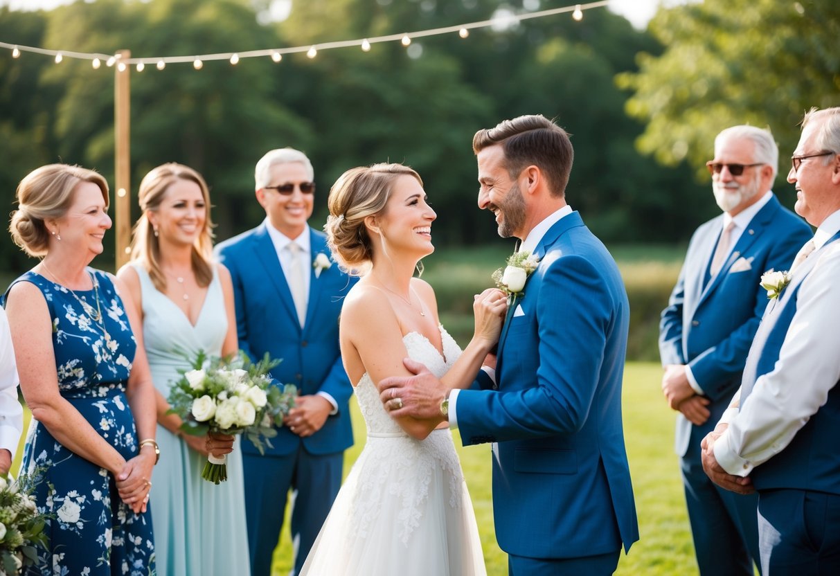 A couple joyfully exchanging vows in a serene outdoor setting, surrounded by close friends and family, with a clear boundary separating them from estranged relatives