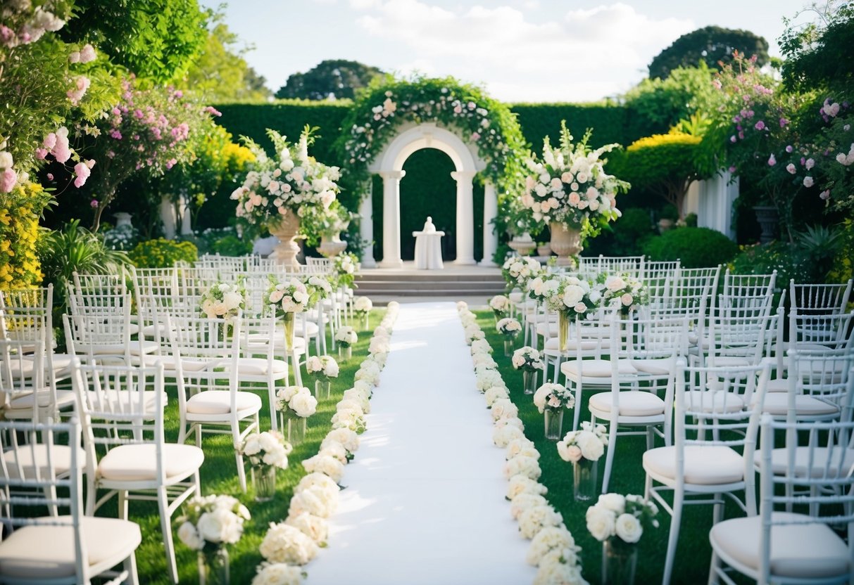 A lush garden filled with blooming flowers and elegant decorations, a grand archway leading to a picturesque altar, and rows of white chairs arranged for 100 guests
