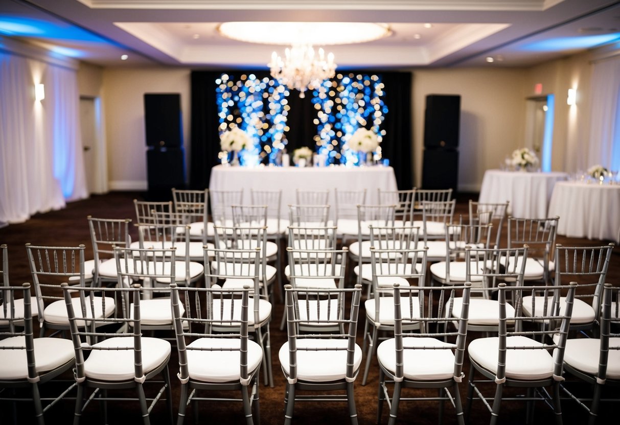 A wedding venue with 100 empty chairs set up for a ceremony and reception