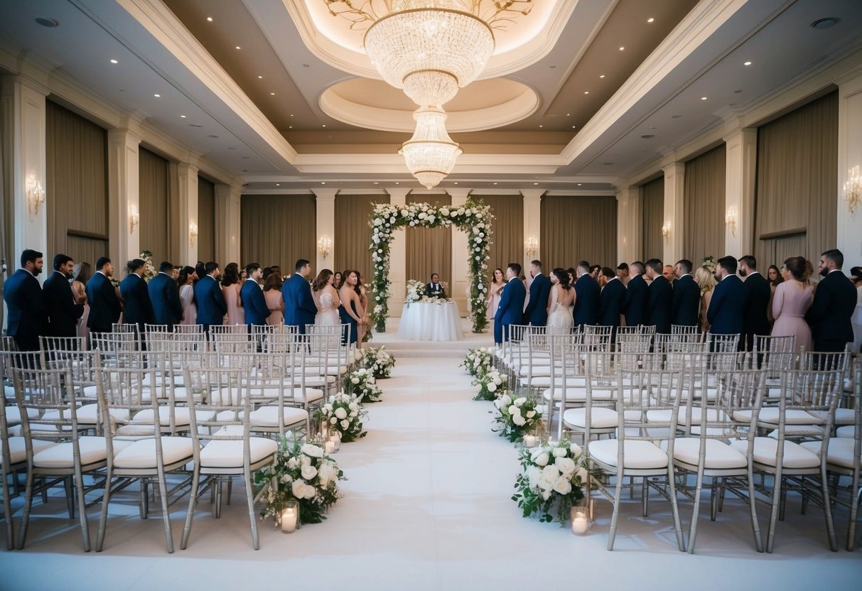 A grand wedding venue with seating for 100 guests, adorned with elegant decorations and a beautiful backdrop for the ceremony